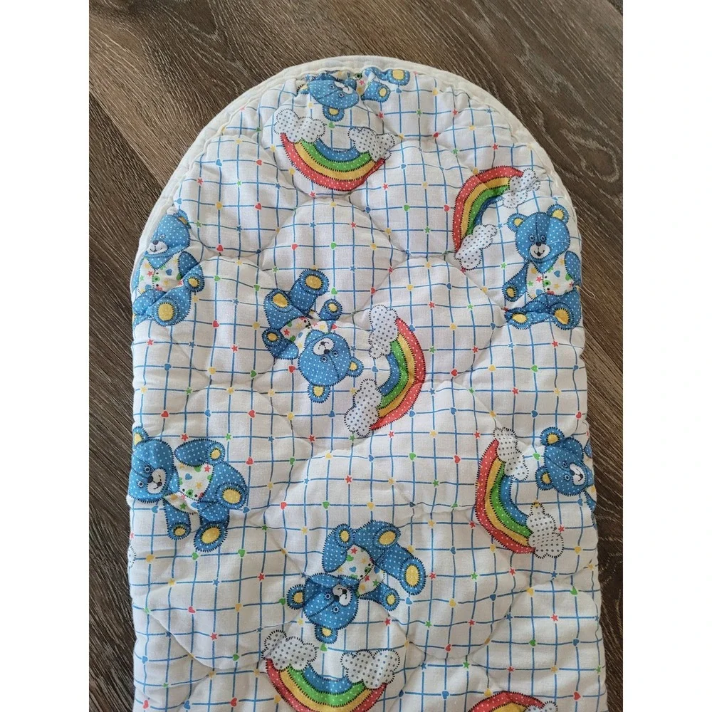 Vintage Quilted Baby Bunting Sleeping Bag Blue Bears Rainbows Hooded Zip #2
